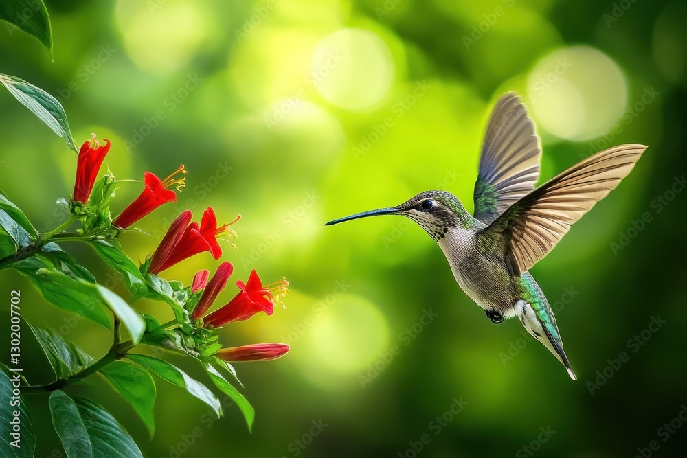 Fototapeta premium Hummingbird hovering near red flowers.