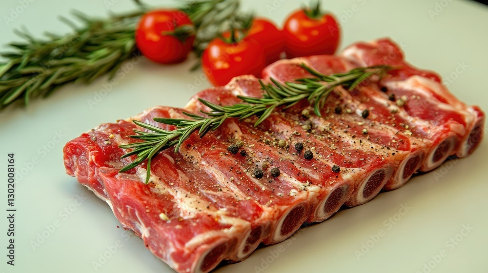 A gourmet presentation of raw meat with vibrant tomatoes, fresh rosemary, and cracked black pepper A gourmet presentation of raw meat with vibrant tomatoes, fresh rosemary, and cracked black pepper