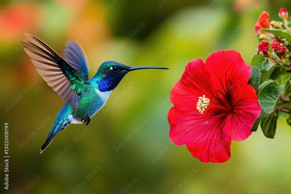 Fototapeta premium Hummingbird in flight approaching a red hibiscus flower.