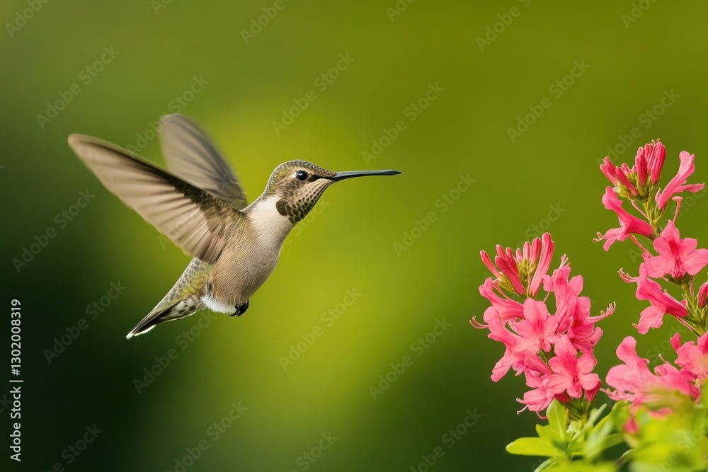 Hummingbird in flight approaching pink flowers. Hummingbird in flight approaching pink flowers.