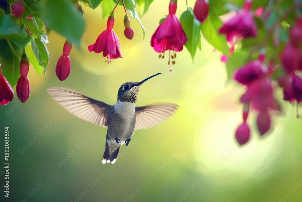 Fototapeta premium Hummingbird in flight feeding from fuchsia flowers.