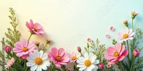 A Delicate Arrangement of Pink and White Blossoms, Featuring Cosmos and Daisies, Creates a Lovely Floral Border Against a Soft, Pastel Background