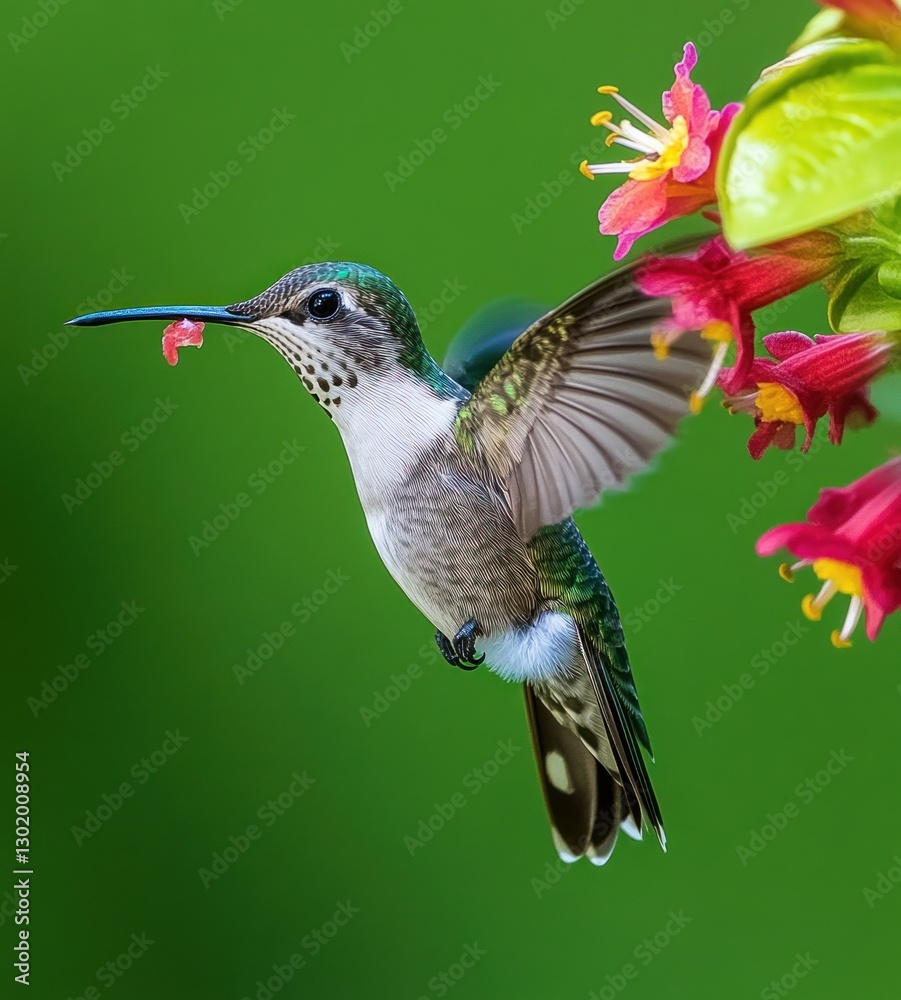 Naklejka premium Hummingbird in flight feeding from pink flowers.