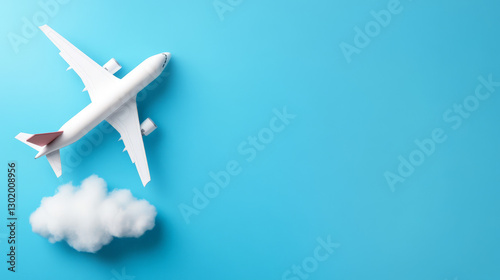 White Model Airplane Above Fluffy Cloud Light Blue Background
