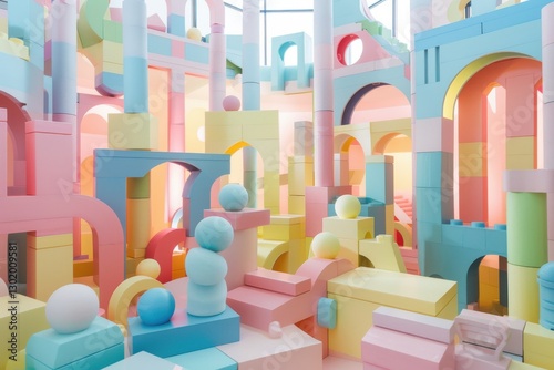 Dreamlike building blocks form impossible structures soft pastel colors create a whimsical architectural shadows dance.