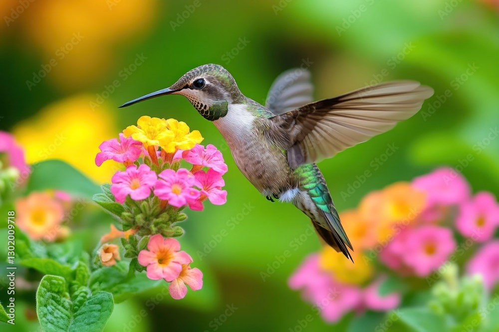 Obraz premium Hummingbird in flight feeding on colorful flowers.