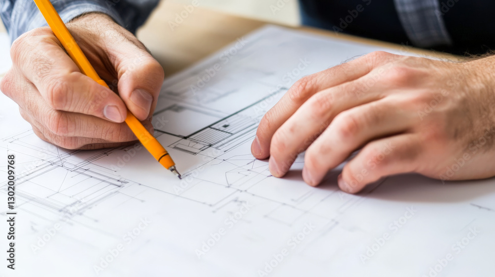 Close Up of Hands Drawing Architectural Blueprint Using Pencil on White Paper Close Up of Hands Drawing Architectural Blueprint Using Pencil on White Paper