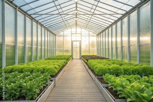 A serene image of a modern, sustainable greenhouse with glass walls, abundant natural light, and lush, vibrant plants.