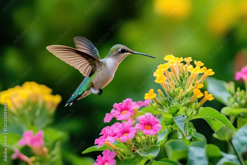 Hummingbird in flight, feeding on colorful flowers.