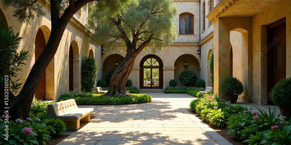 Fototapeta premium Serene Courtyard Oasis Sun-Drenched Stone Patio with Lush Greenery and Tranquil Seating Area