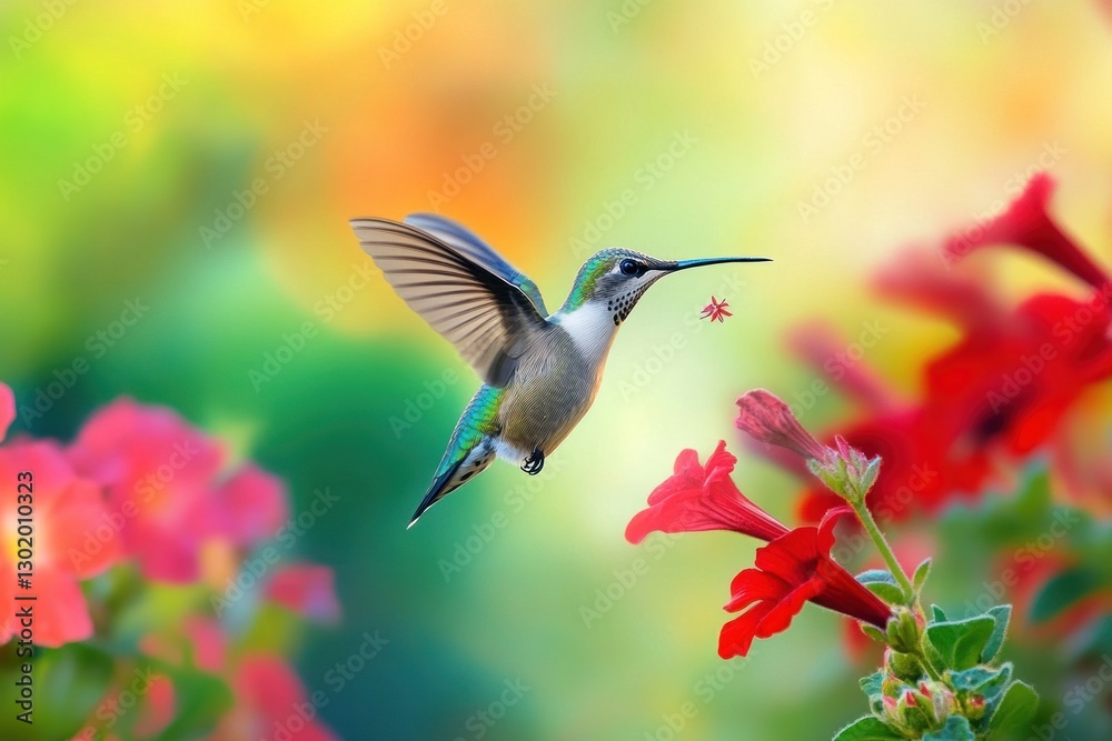 Fototapeta premium Hummingbird in flight, feeding on nectar from vibrant flowers.