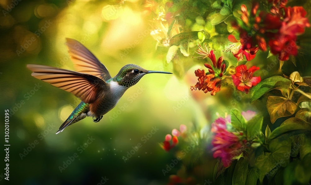 Naklejka premium Hummingbird in flight, feeding on nectar from vibrant flowers in a lush garden.