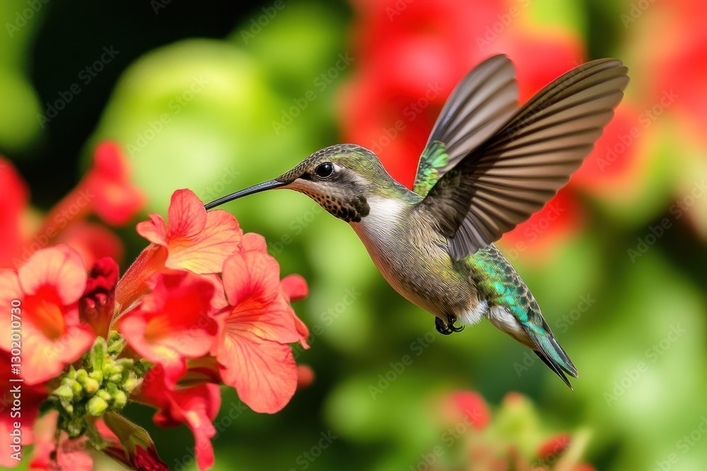 Naklejka premium Hummingbird in flight feeding on orange flowers.