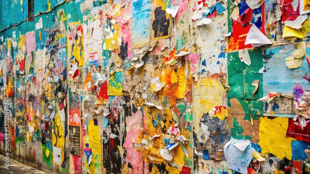 Fototapeta premium Bright Abstract Wall Texture with Torn Poster Fragments & Urban Graffiti