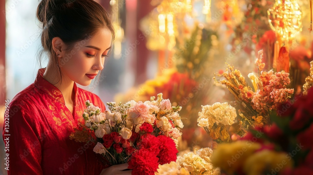 Naklejka premium Woman in Red Dress Holding Beautiful Flowers