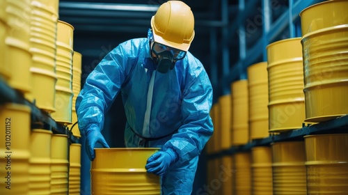 Worker in Protective Gear Handling Yellow Drums in Industrial Storage Facility
