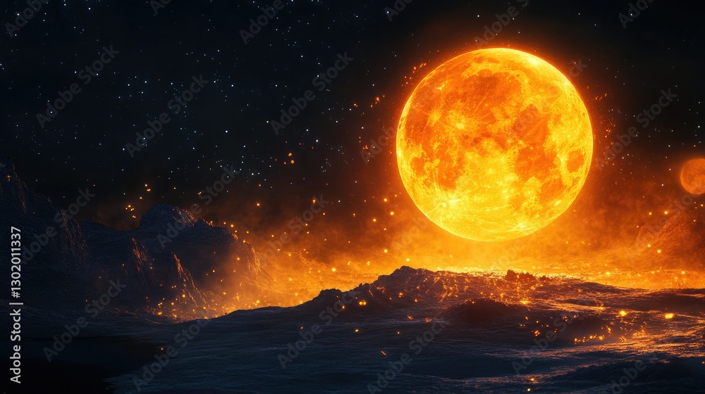 A stunning harvest moon with a fiery orange hue, illuminating the dark night with a mysterious glow. A stunning harvest moon with a fiery orange hue, illuminating the dark night with a mysterious glow.