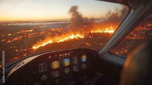 Aerial view of wildfire from airplane cockpit at sunset photo