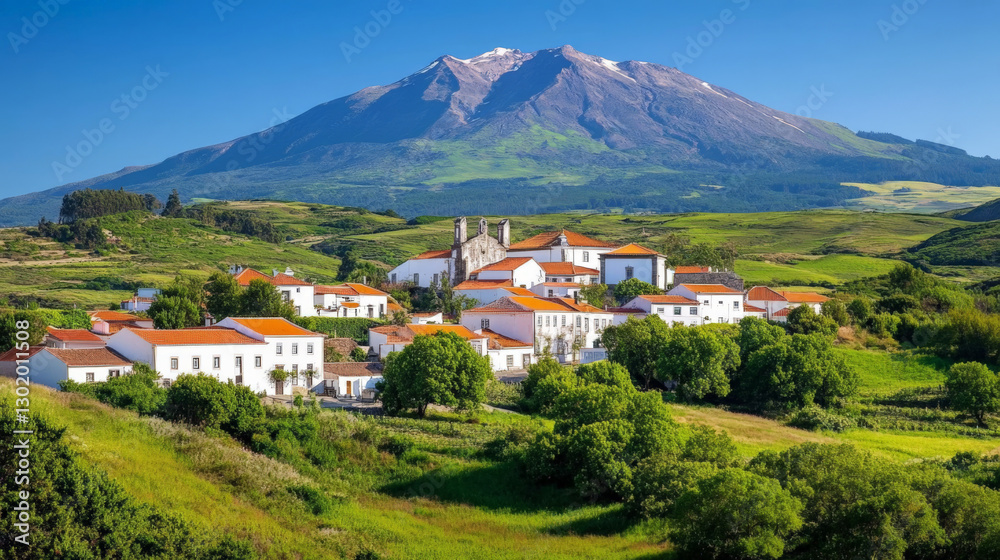 Obraz premium Picturesque White Village Nestled on Lush Green Hills with a Snowy Mountain
