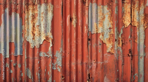 Weathered Red Corrugated Metal Texture Rusted and Peeling Paint Background