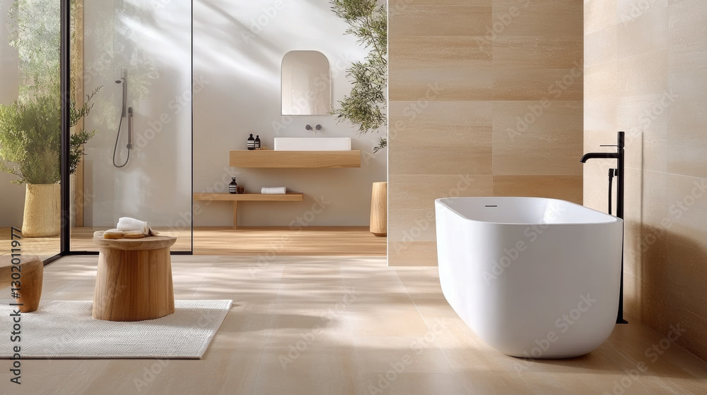 Fototapeta premium Modern bathroom design features freestanding tub, wooden accents, and natural light. serene atmosphere is enhanced by neutral tones and greenery, creating relaxing space