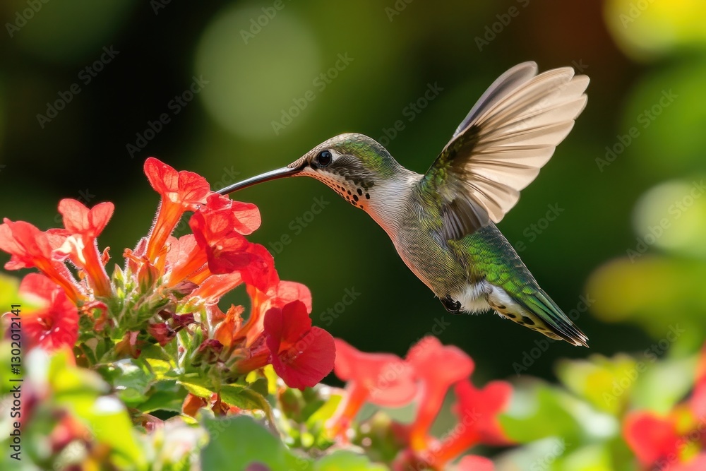 Fototapeta premium Hummingbird in flight feeding on red flowers. (1)