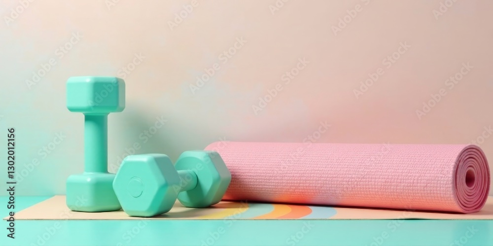 Pastel-colored weights and rolled-up mat resting on a light-aqua exercise mat, ready for a mindful fitness session Pastel-colored weights and rolled-up mat resting on a light-aqua exercise mat, ready for a mindful fitness session