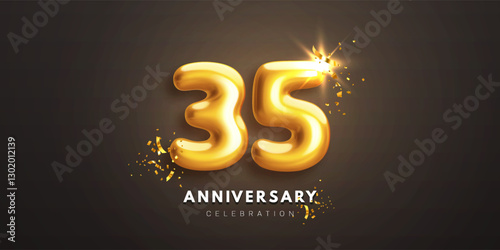 Thirty fifth anniversary celebration banner. Realistic glossy 3d golden number 35 and sparkling confetti on black background. Greeting card for birthday or wedding anniversary. Vector illustration