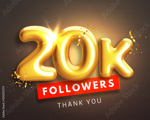 20000 followers celebration banner. Thank you 20k follower peoples. Glossy golden 3d numbers in realistic style on black background. Design for channel, group in social network. Vector illustration