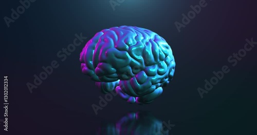 Rotating brain in neon lighting.  Concept of Artificial Intelligence, digital technology. Repeatable footage by 3d rendering.