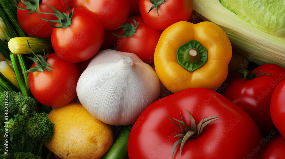 Vibrant Colorful Vegetables Closeup Tomatoes Bell Pepper Garlic Vibrant Colorful Vegetables Closeup Tomatoes Bell Pepper Garlic