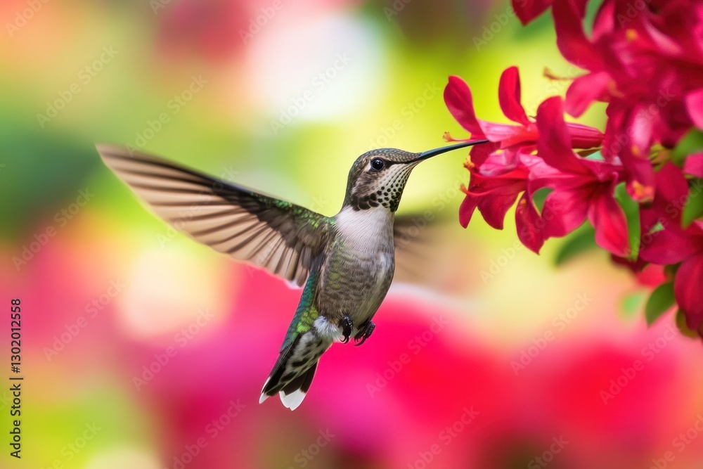 Fototapeta premium Hummingbird in flight feeding on red flowers.