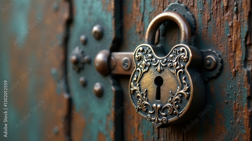 Fototapeta premium Ornate Antique Padlock on a Weathered Wooden Door, a Symbol of Security and Timeless Design