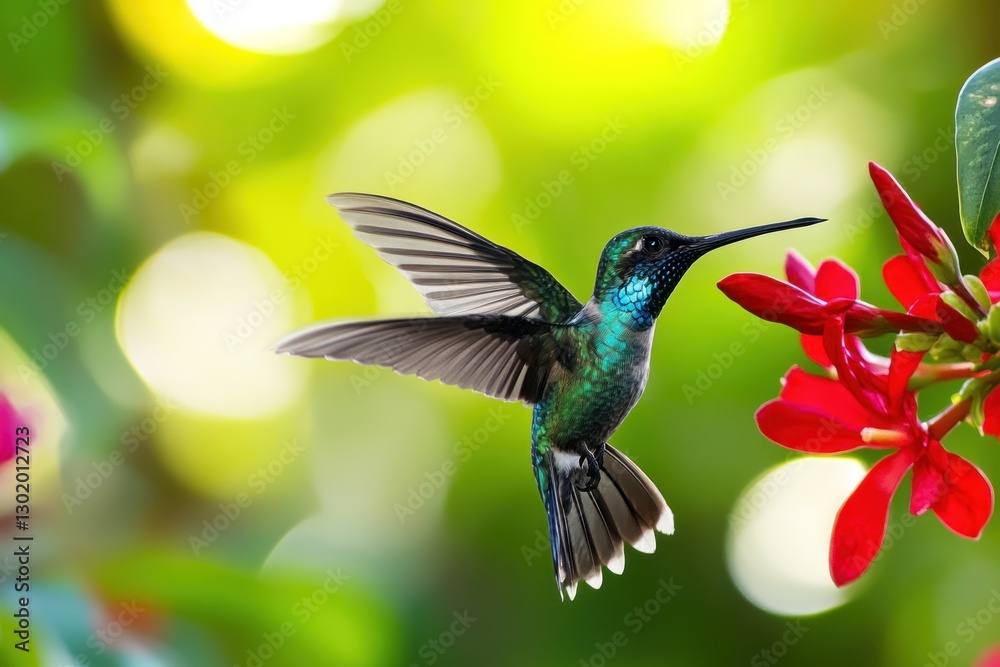 Naklejka premium Hummingbird in flight, feeding on red flowers.