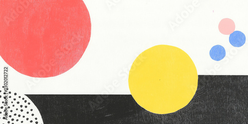 Colorful abstract shapes create vibrant composition with circles and dots in red, yellow, blue, and black. This playful design adds modern touch to any space