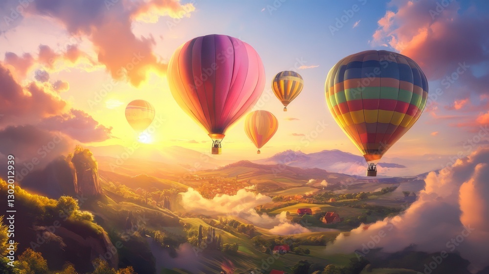 Obraz premium A vibrant hot air balloon festival at sunrise, with colorful balloons floating above a scenic landscape.