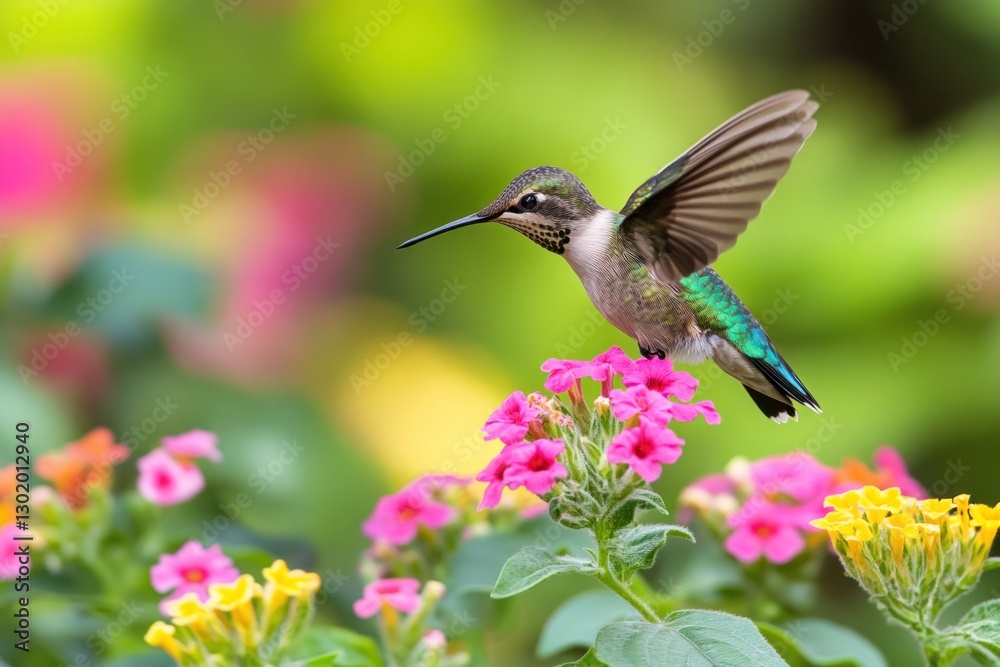 Fototapeta premium Hummingbird in flight hovering over vibrant pink flowers.