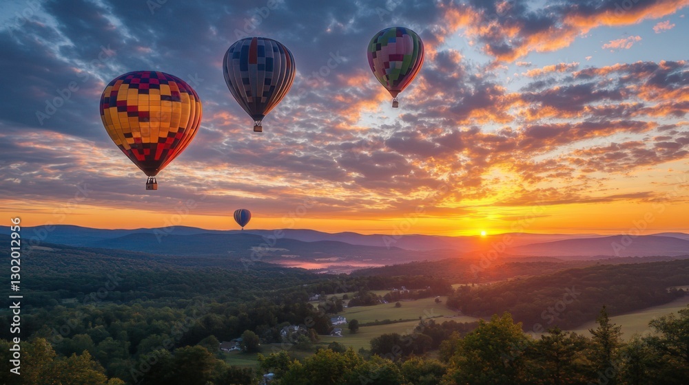 Fototapeta premium A vibrant hot air balloon festival at sunrise, with colorful balloons floating above a scenic landscape.