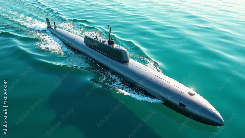 Fototapeta premium Sleek submarine glides silently through tranquil ocean waters, leaving a gentle wake