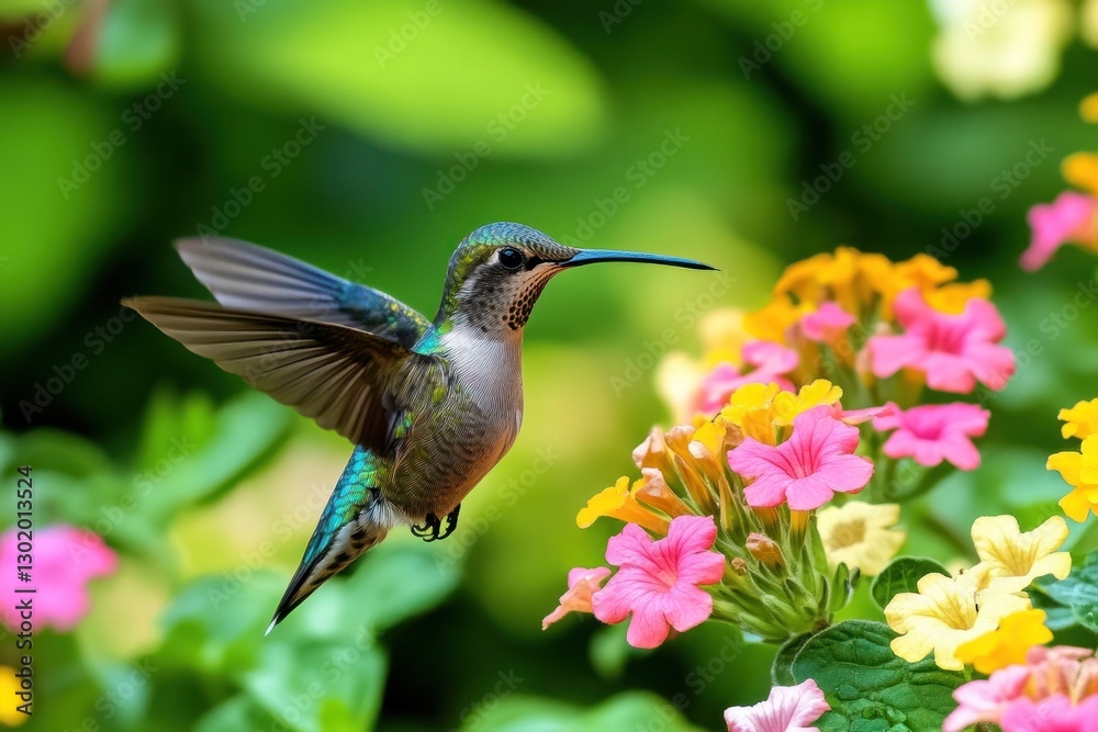 Fototapeta premium Hummingbird in flight near colorful flowers. (2)