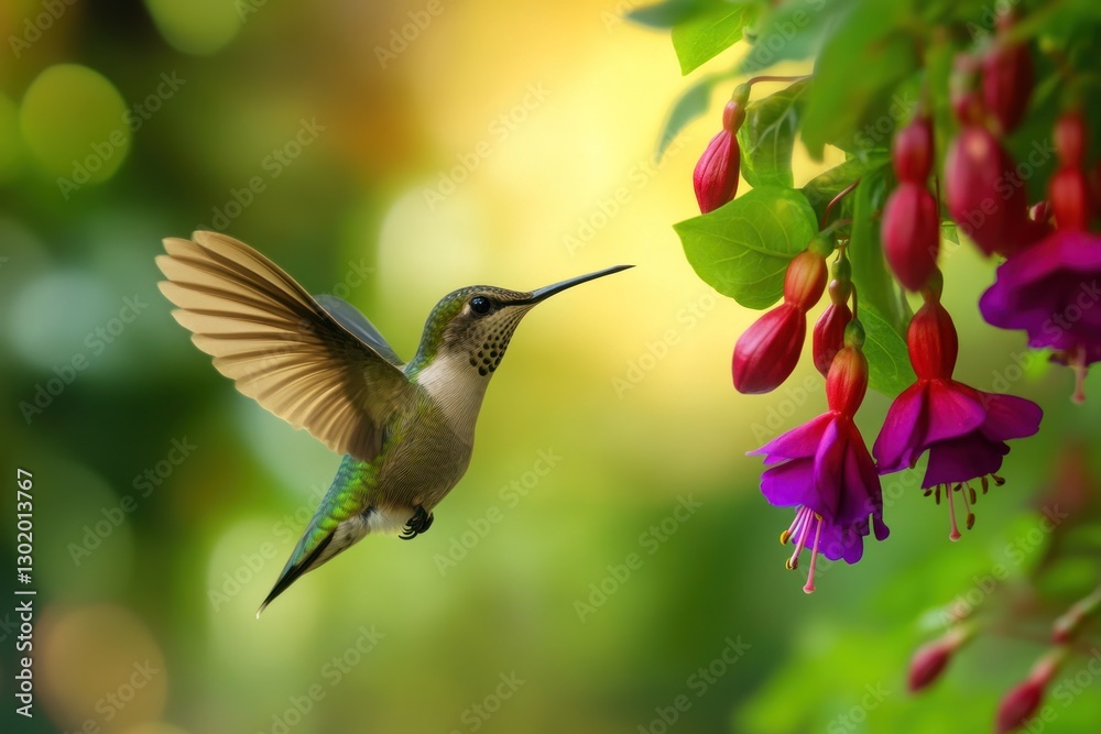 Fototapeta premium Hummingbird in flight near fuchsia flowers.