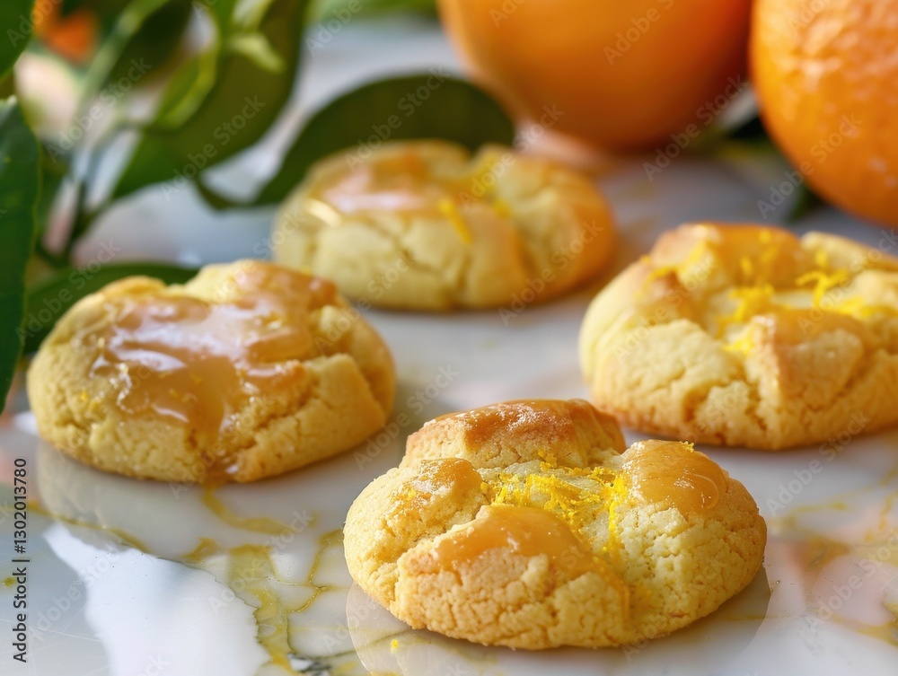 Zesty orange cookies with a citrus glaze sit on marble vibrant oranges adding freshness lighting. Zesty orange cookies with a citrus glaze sit on marble vibrant oranges adding freshness lighting.