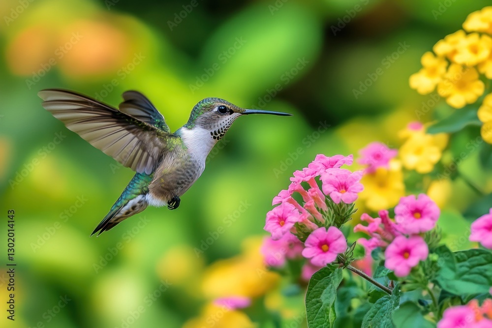 Fototapeta premium Hummingbird in flight near pink and yellow flowers.