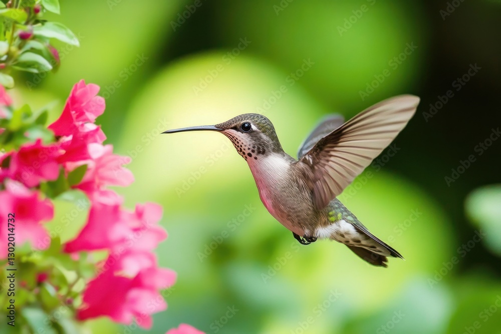 Fototapeta premium Hummingbird in flight near pink flowers. (2)