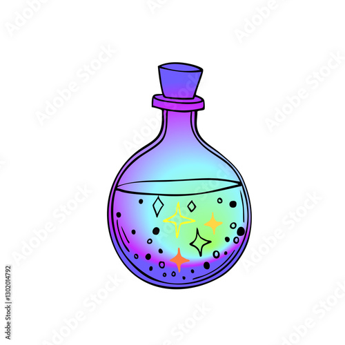 Old magic bottle. Hand drawing sketch. Art line. Vector illustration. Retro style.	