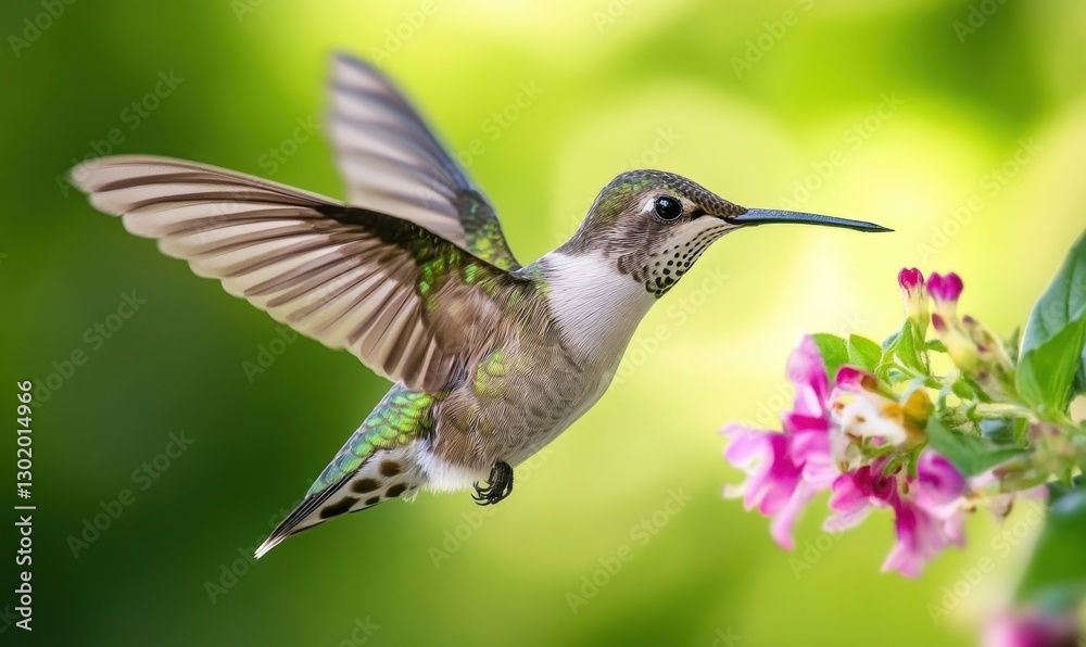 Fototapeta premium Hummingbird in flight near pink flowers.