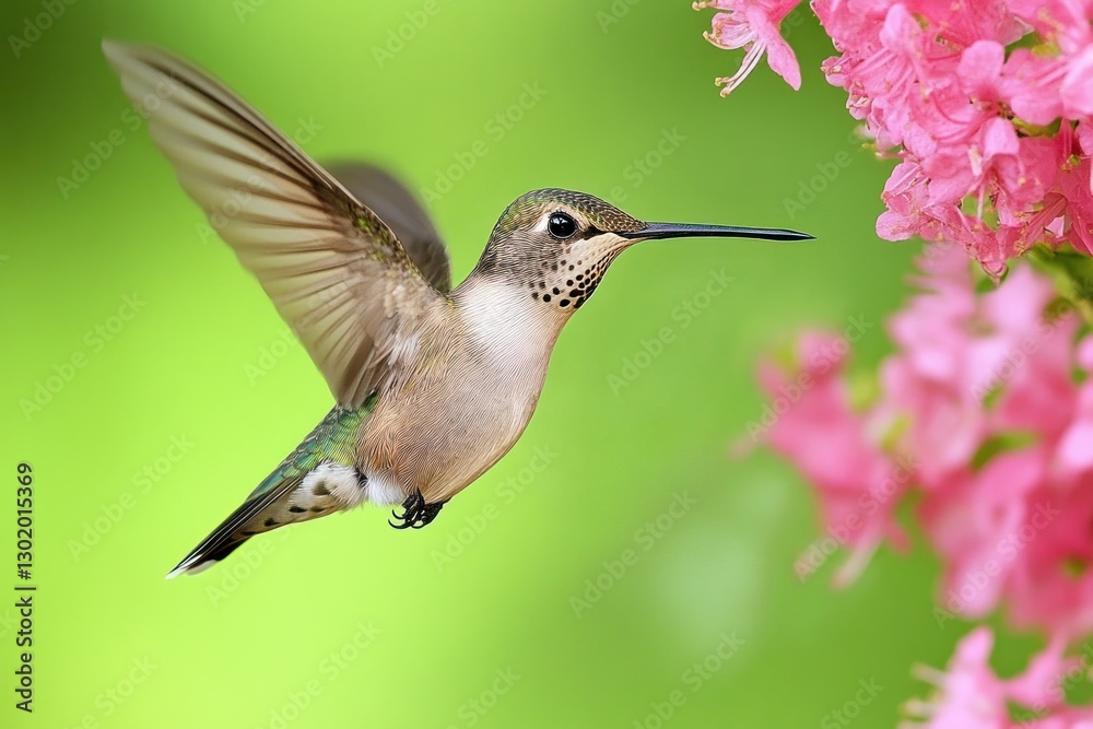 Naklejka premium Hummingbird in flight near pink flowers. (9)