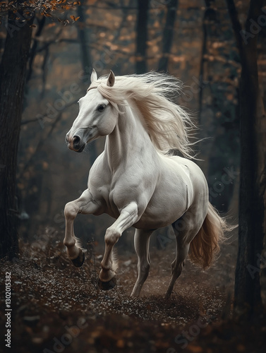 A majestic white horse gallops through an autumn landscape, surrounded by golden foliage against a dark forest background.