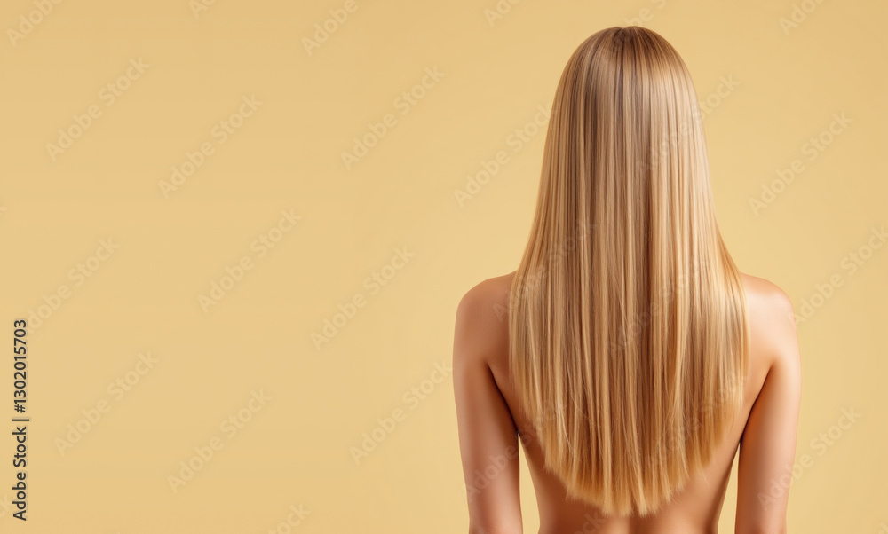 Stunning Back View of Beautiful Blonde Model with Perfect Long Straight Hair, Beige Background, Copyspace Stunning Back View of Beautiful Blonde Model with Perfect Long Straight Hair, Beige Background, Copyspace