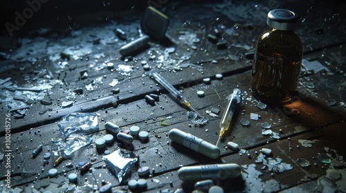 Dimly lit room drug paraphernalia scattered floor broken syringe shattered glass moody raw emotional atmosphere shadows despair detailed cartoon.